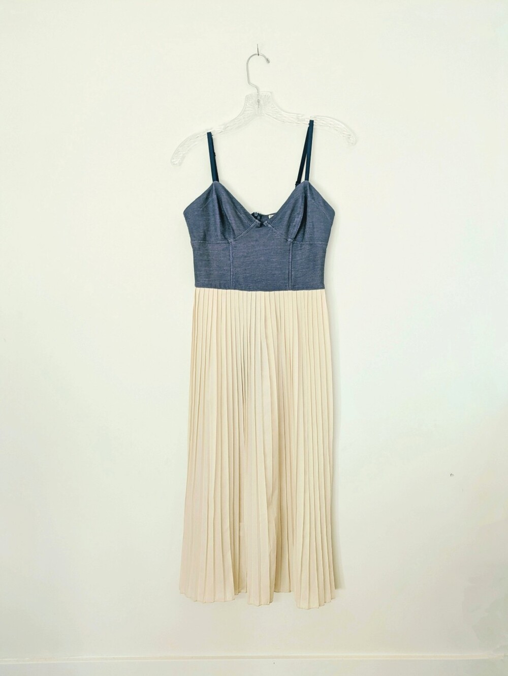 Pink Martini XS Two-Tone Spaghetti Strap Pleated Midi Dress - Blue & Cream
